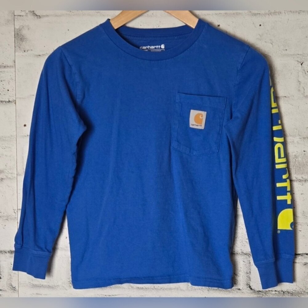 Carhartt Kids Small 8-10 Long Sleeve Pocket T-Shirt Blue Yellow Sleeve Logo